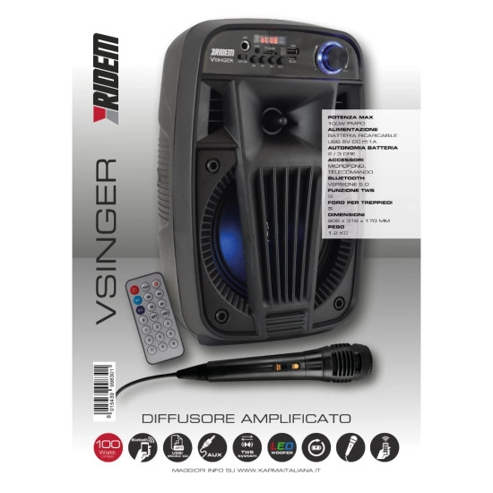 Ridem 6,5″ VSINGER 100W USB/SD/BT/BAT/TWS + 1 Microfone