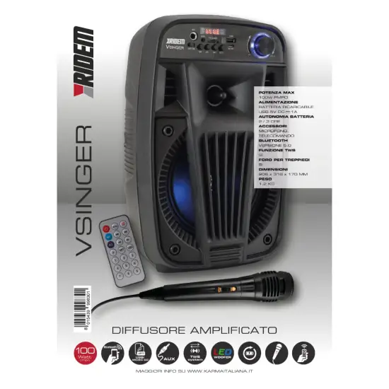 KARMA 6,5″ VSINGER 100W USB/SD/BT/BAT/TWS + 1 Microfone
